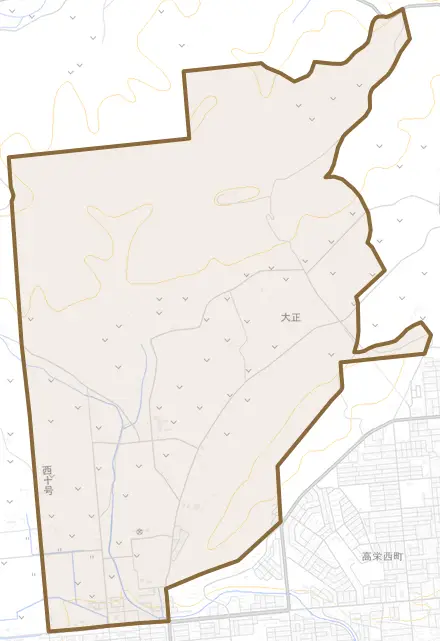 大正とその周辺の地図。町の範囲を重ねている