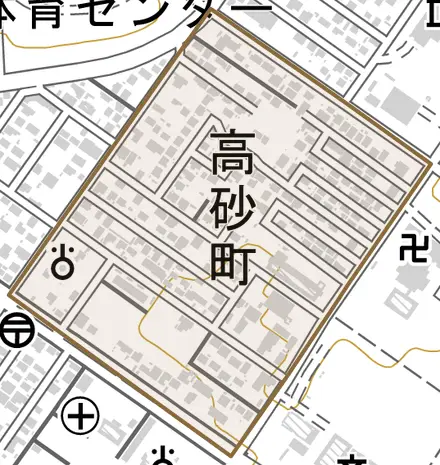 高砂町とその周辺の地図。町の範囲を重ねている