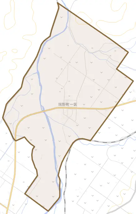 端野町一区とその周辺の地図。町の範囲を重ねている