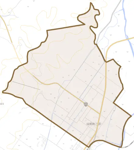 端野町二区とその周辺の地図。町の範囲を重ねている