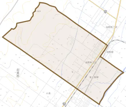 端野町三区とその周辺の地図。町の範囲を重ねている