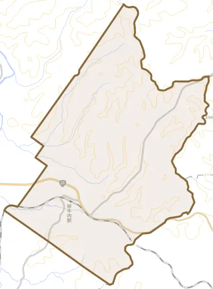 端野町緋牛内とその周辺の地図。町の範囲を重ねている