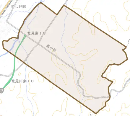 端野町川向とその周辺の地図。町の範囲を重ねている