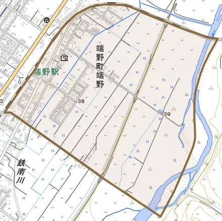 端野町端野とその周辺の地図。町の範囲を重ねている