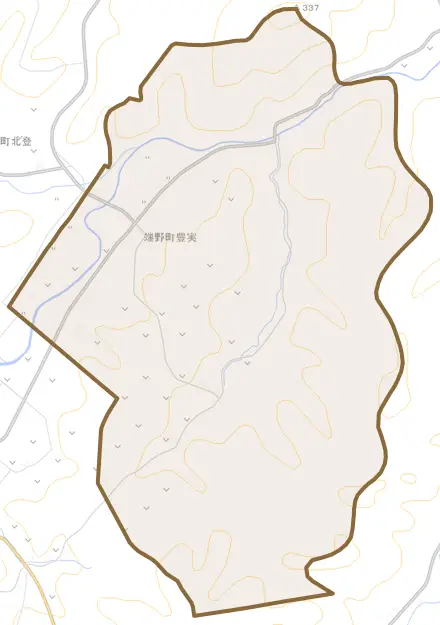 端野町豊実とその周辺の地図。町の範囲を重ねている