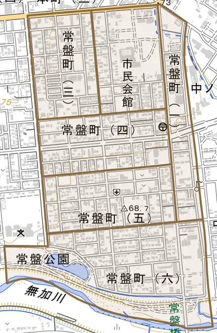 常盤町とその周辺の地図。町の範囲を重ねている