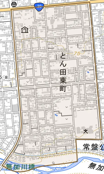 とん田東町とその周辺の地図。町の範囲を重ねている