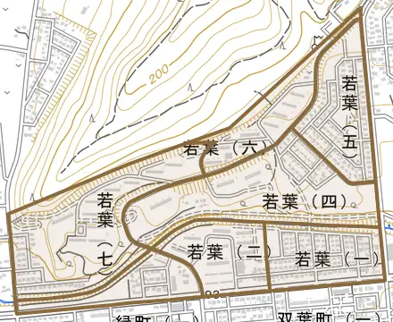 若葉とその周辺の地図。町の範囲を重ねている