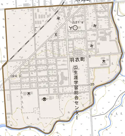 羽衣町とその周辺の地図。町の範囲を重ねている