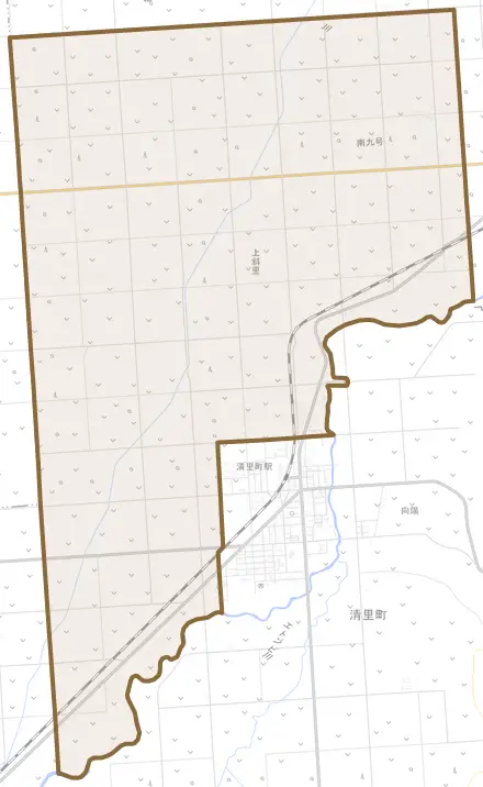 字上斜里とその周辺の地図。町の範囲を重ねている