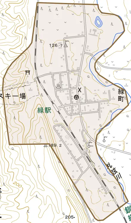 緑町とその周辺の地図。町の範囲を重ねている