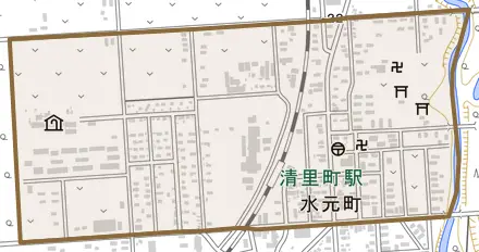 水元町とその周辺の地図。町の範囲を重ねている