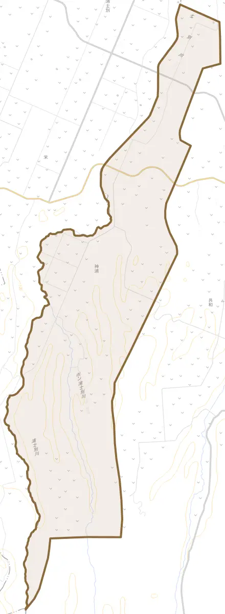 字神浦とその周辺の地図。町の範囲を重ねている