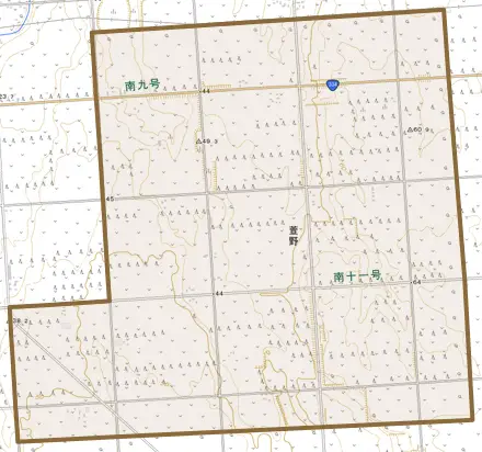 字萱野とその周辺の地図。町の範囲を重ねている