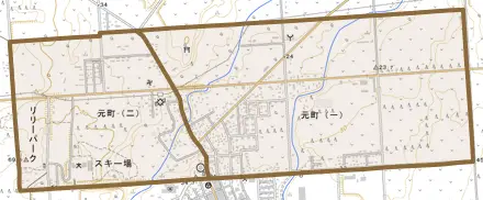 元町とその周辺の地図。町の範囲を重ねている