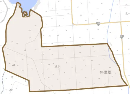 字倉栄とその周辺の地図。町の範囲を重ねている