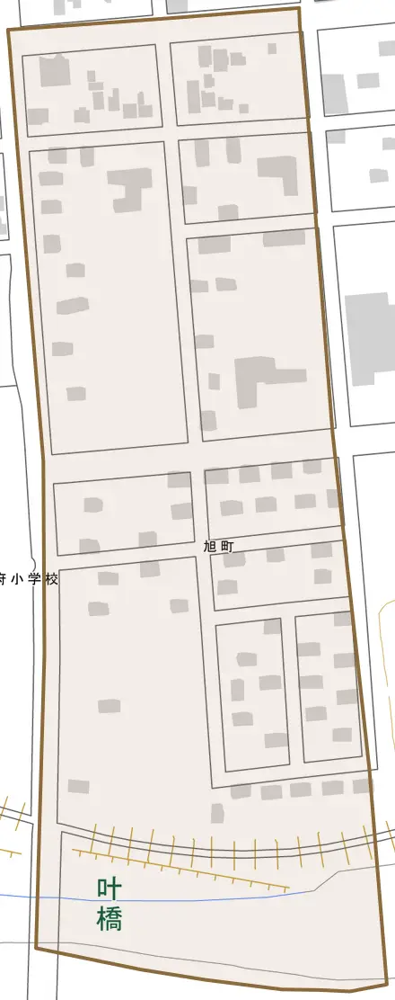 旭町とその周辺の地図。町の範囲を重ねている