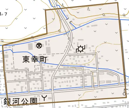 東幸町とその周辺の地図。町の範囲を重ねている