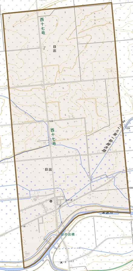 字日出とその周辺の地図。町の範囲を重ねている