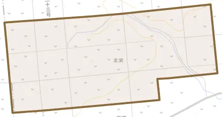 字北栄とその周辺の地図。町の範囲を重ねている