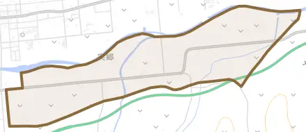 字実郷とその周辺の地図。町の範囲を重ねている