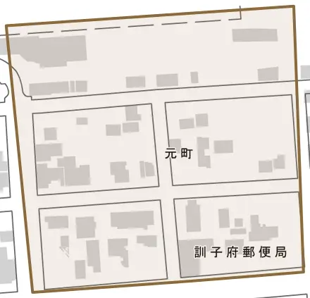元町とその周辺の地図。町の範囲を重ねている