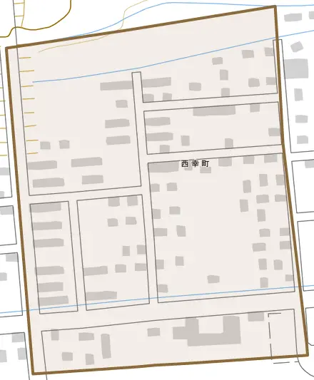 西幸町とその周辺の地図。町の範囲を重ねている