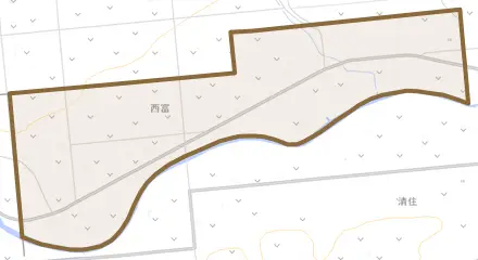 字西富とその周辺の地図。町の範囲を重ねている