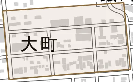 大町とその周辺の地図。町の範囲を重ねている