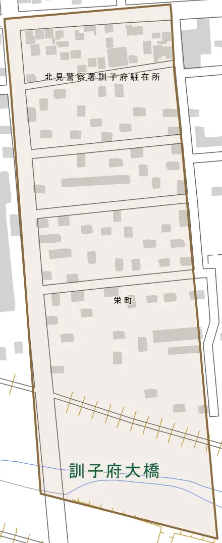 栄町とその周辺の地図。町の範囲を重ねている