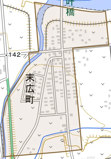 末広町とその周辺の地図。町の範囲を重ねている