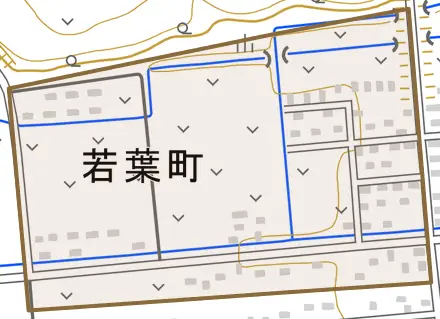 若葉町とその周辺の地図。町の範囲を重ねている