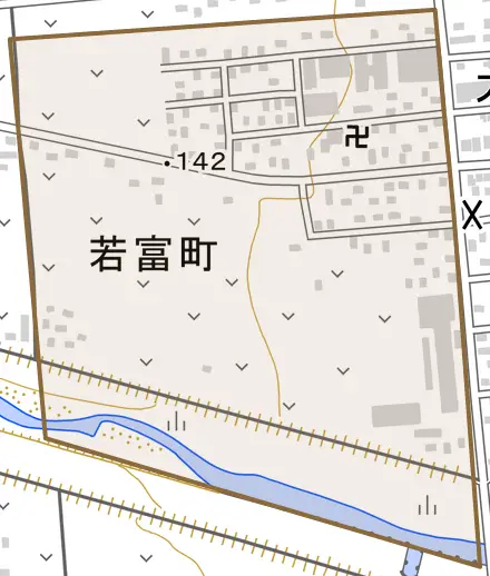 若富町とその周辺の地図。町の範囲を重ねている