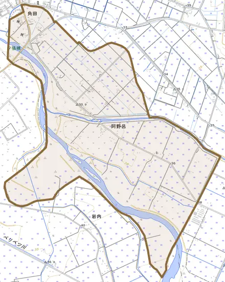 字阿野呂とその周辺の地図。町の範囲を重ねている