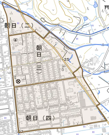 朝日とその周辺の地図。町の範囲を重ねている