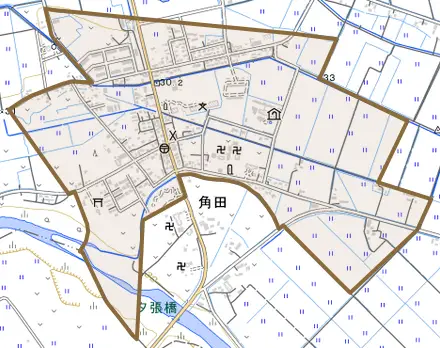 角田とその周辺の地図。町の範囲を重ねている