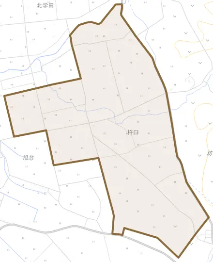 字杵臼とその周辺の地図。町の範囲を重ねている