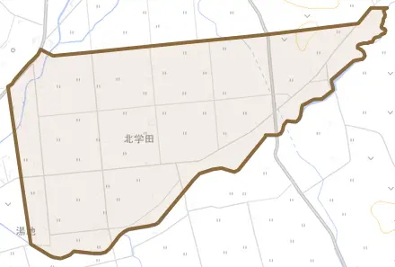 字北学田とその周辺の地図。町の範囲を重ねている