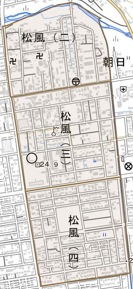 松風とその周辺の地図。町の範囲を重ねている