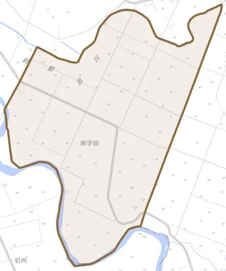 字南学田とその周辺の地図。町の範囲を重ねている