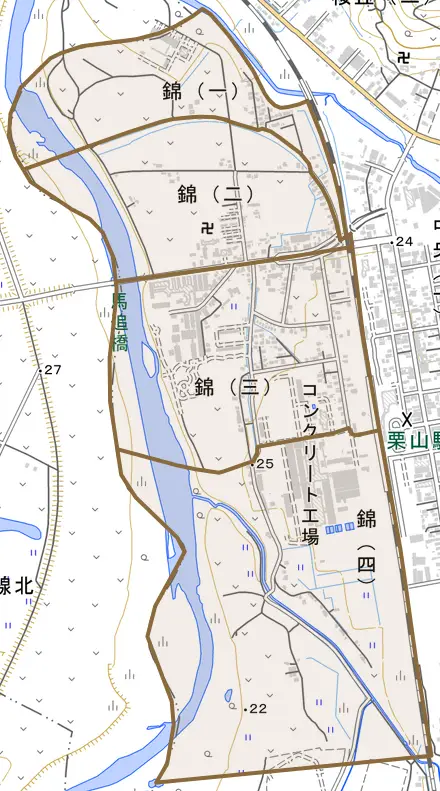 錦とその周辺の地図。町の範囲を重ねている