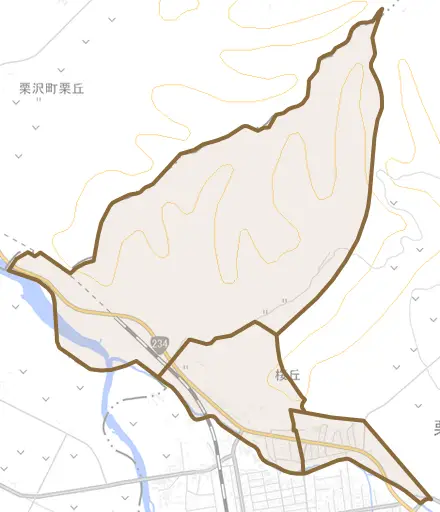 桜丘とその周辺の地図。町の範囲を重ねている