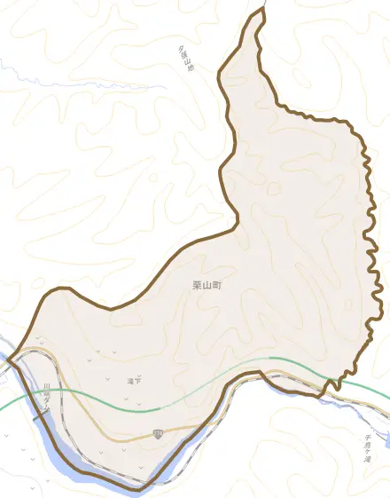 字滝下とその周辺の地図。町の範囲を重ねている