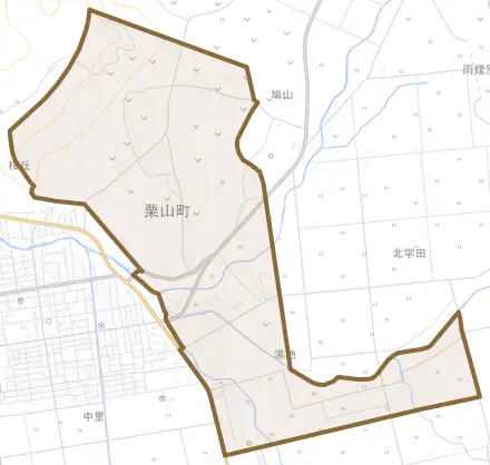 字湯地とその周辺の地図。町の範囲を重ねている