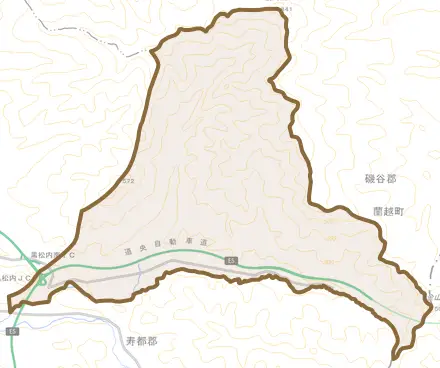字東川とその周辺の地図。町の範囲を重ねている
