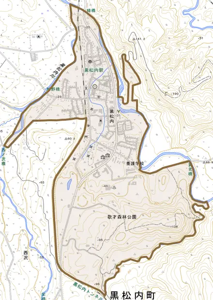 字黒松内とその周辺の地図。町の範囲を重ねている