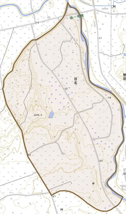 字目名とその周辺の地図。町の範囲を重ねている