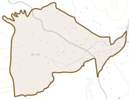 字中ノ川とその周辺の地図。町の範囲を重ねている