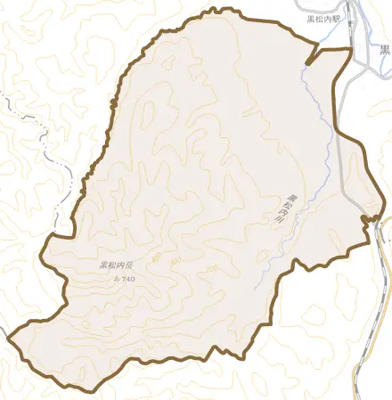 字西沢とその周辺の地図。町の範囲を重ねている