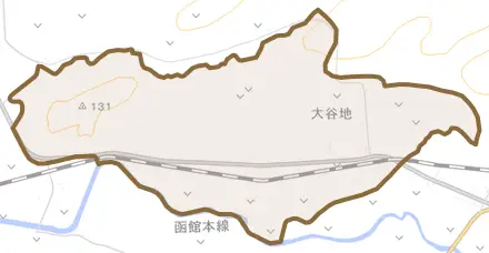 字大谷地とその周辺の地図。町の範囲を重ねている